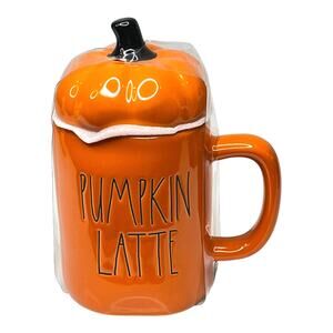 Rae Dunn Ceramic Spice Coffee Mug & Pumpkin Topper Cover Lid Orange Black New